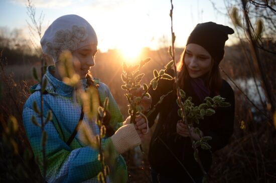 People collect willow branches for Palm Sunday on Lake Shartash in Yekaterinburg