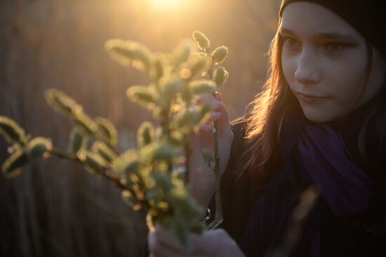 People collect willow branches for Palm Sunday on Lake Shartash in Yekaterinburg