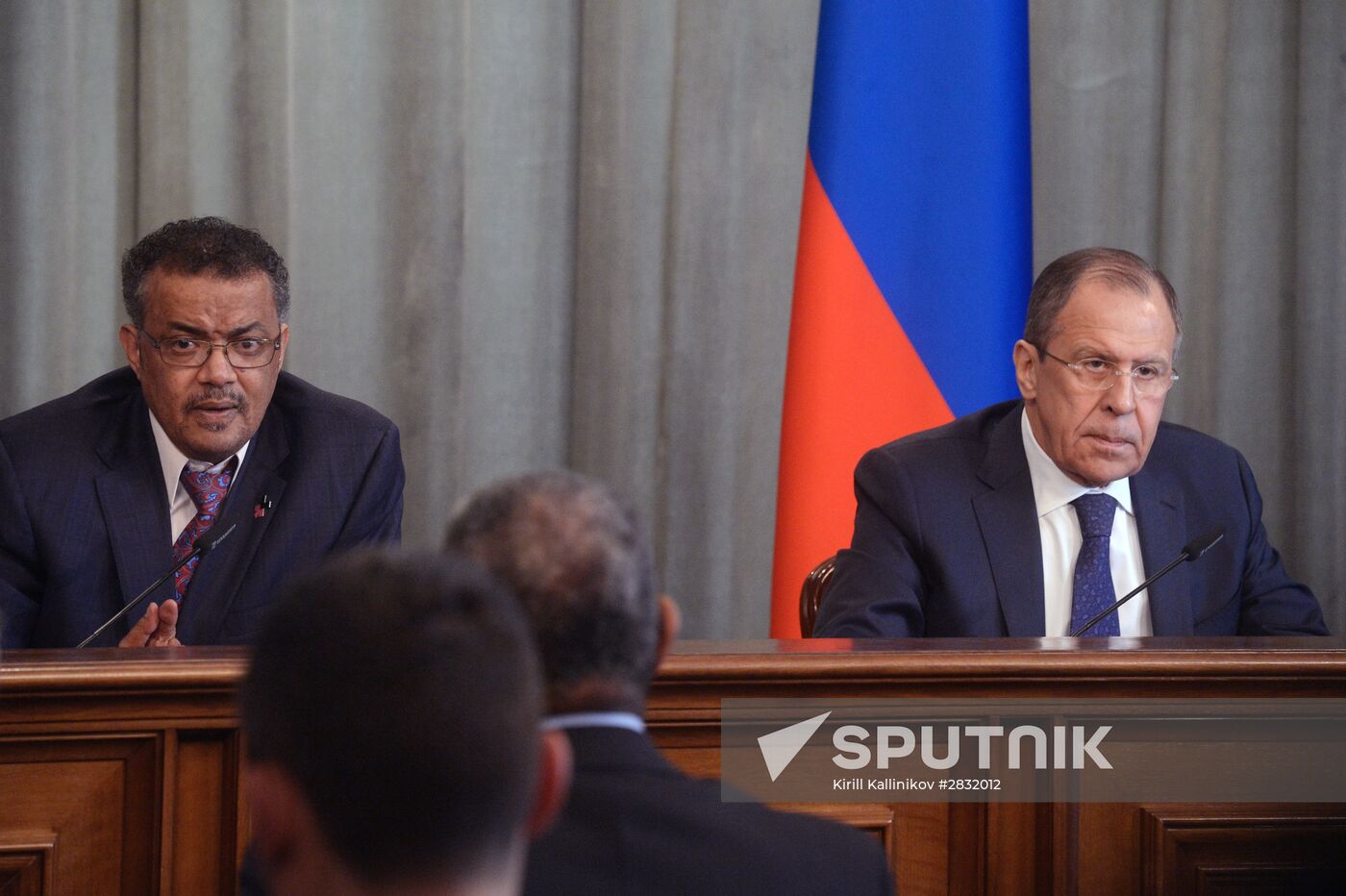 Russian Foreign Minister Sergei Lavrov, right, and his Ethiopian counterpart Tedros Adhanom during the news conference following their meeting in Moscow. Location: Russia, Moscow. Author: Kirill Kallinikov/Sputnik. Russian Foreign Minister Sergei Lavrov meets with his Ethiopian counterpart Tedros Adhanom