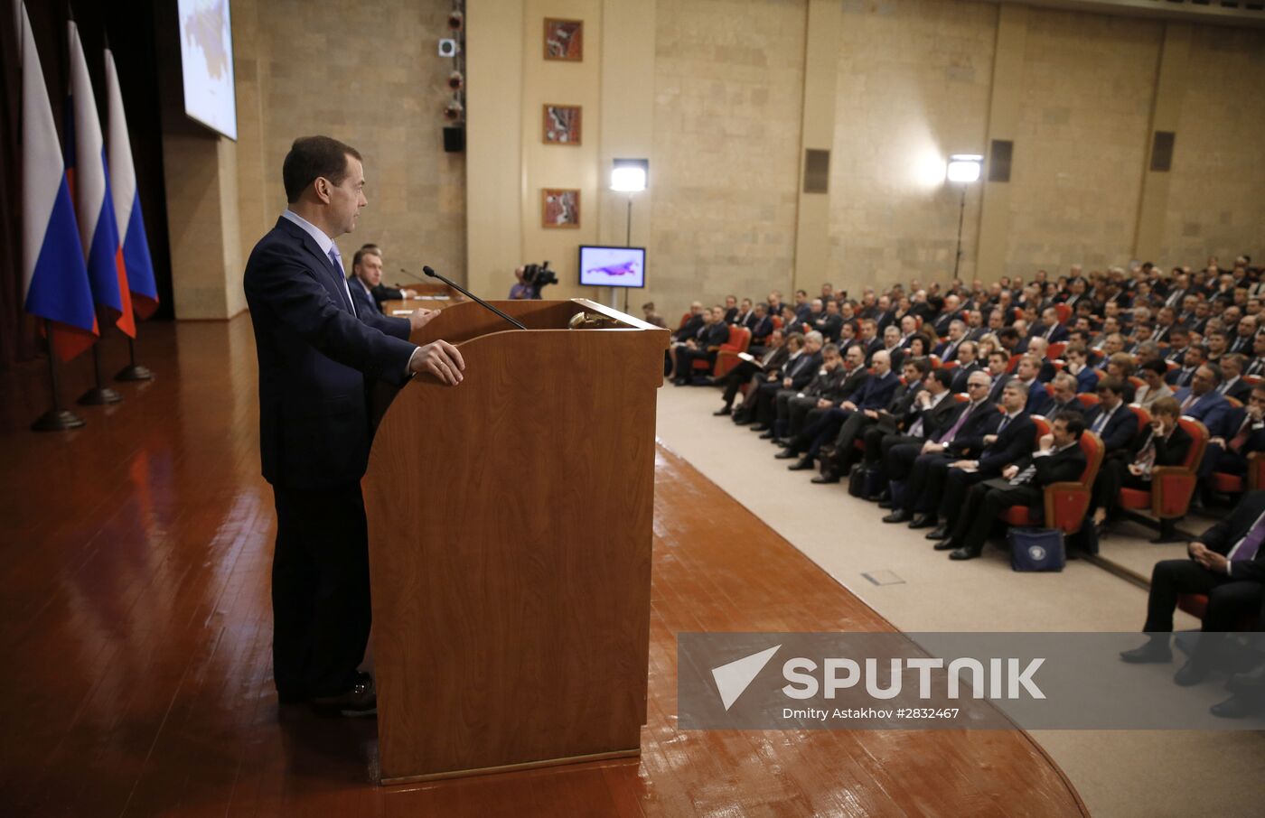 Russian Prime Minister Dmitry Medvedev speaks at an extended meeting of the Economic Development Ministry Board