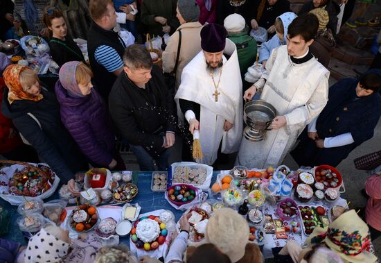 Easter cakes and eggs blessing on Orthodox Holy Saturday