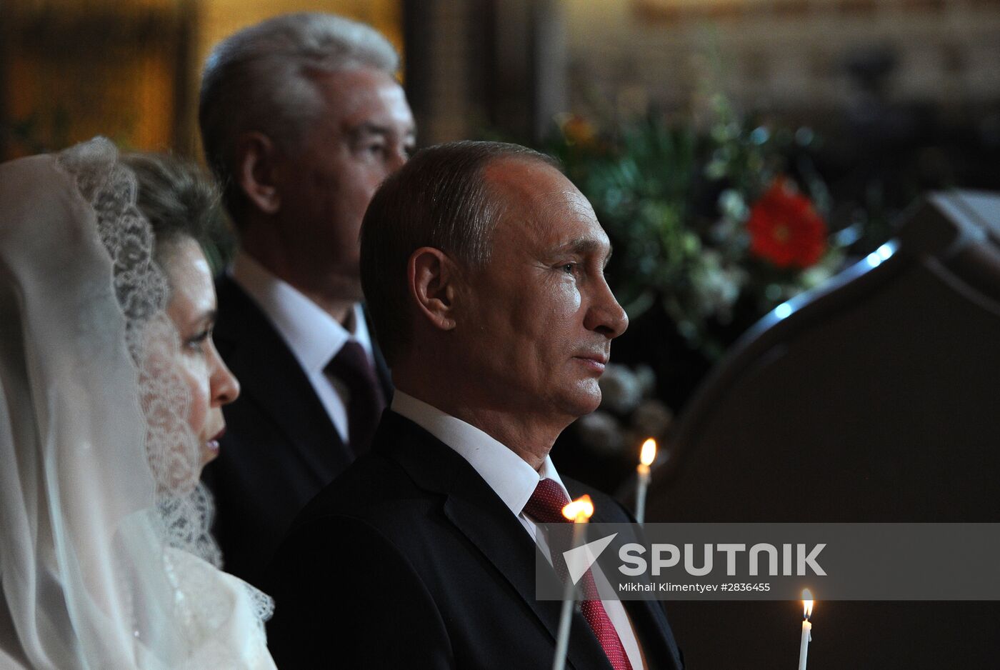 Russian President Vladimir Putin and Russian Prime Minister Dmitry Medvedev attend Easter service at Christ the Savior Cathedral in Moscow