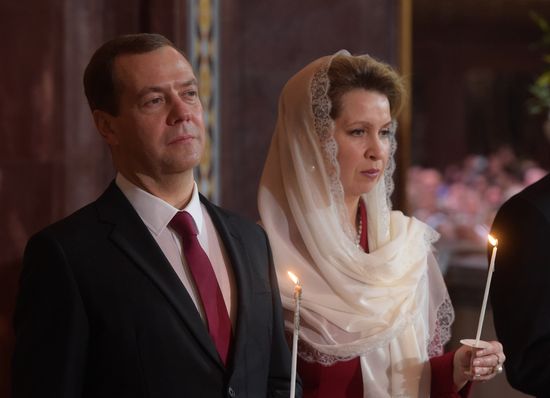 Russian President Vladimir Putin and Russian Prime Minister Dmitry Medvedev attend Easter service at Christ the Savior Cathedral in Moscow
