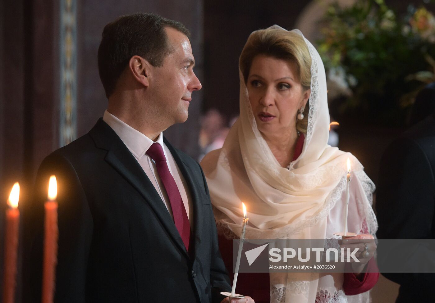 Russian President Vladimir Putin and Russian Prime Minister Dmitry Medvedev attend Easter service at Christ the Savior Cathedral in Moscow