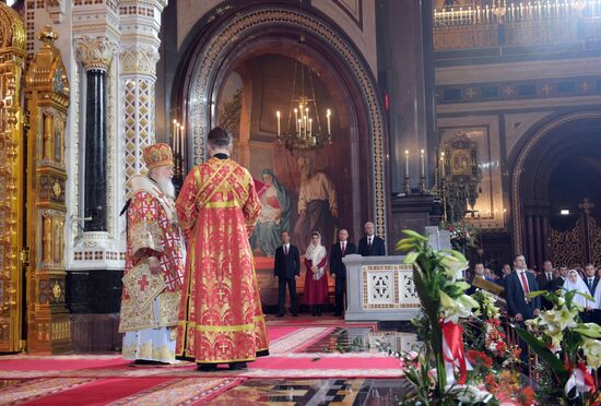 Russian President Vladimir Putin and Russian Prime Minister Dmitry Medvedev attend Easter service at Christ the Savior Cathedral in Moscow