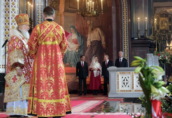 Russian President Vladimir Putin and Russian Prime Minister Dmitry Medvedev attend Easter service at Christ the Savior Cathedral in Moscow