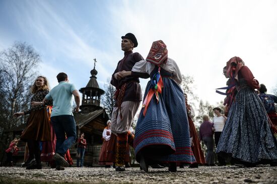 Celebrating Bright Week at Vitoslavlitsy museum of wooden architecture in Novgorod Region