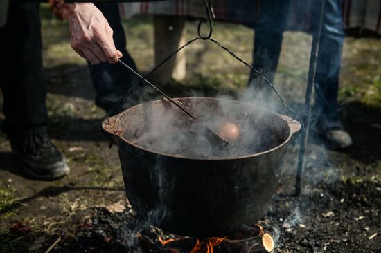 Celebrating Bright Week at Vitoslavlitsy museum of wooden architecture in Novgorod Region