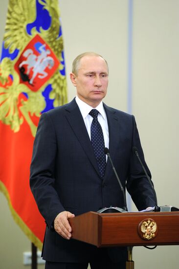 Russian President Vladimir Putin makes video address to concert participants in Palmyra