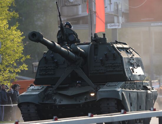 Nighttime military parade practice on Red Square