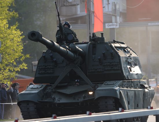 Nighttime military parade practice on Red Square