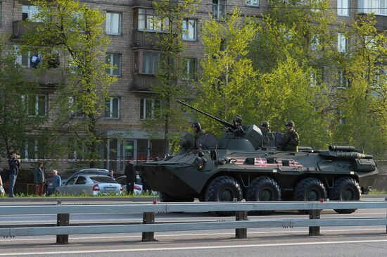 Nighttime military parade practice on Red Square