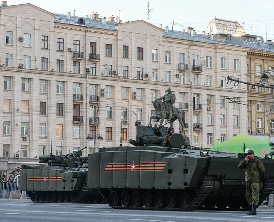 Nighttime military parade practice on Red Square