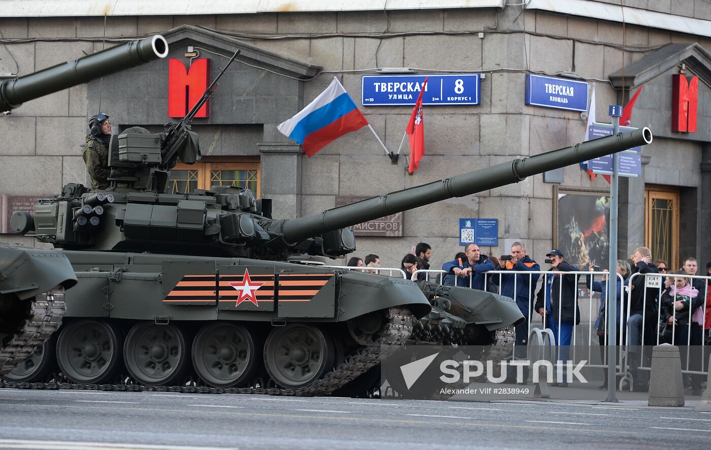 Nighttime military parade practice on Red Square