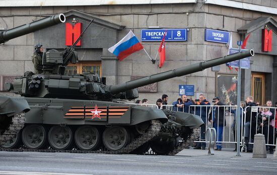 Nighttime military parade practice on Red Square
