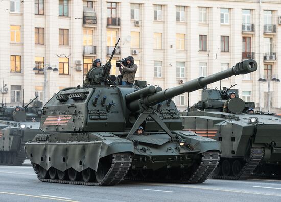 Nighttime military parade practice on Red Square