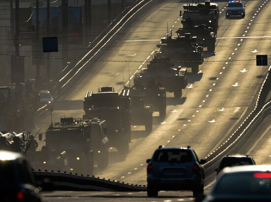 Nighttime military parade practice on Red Square