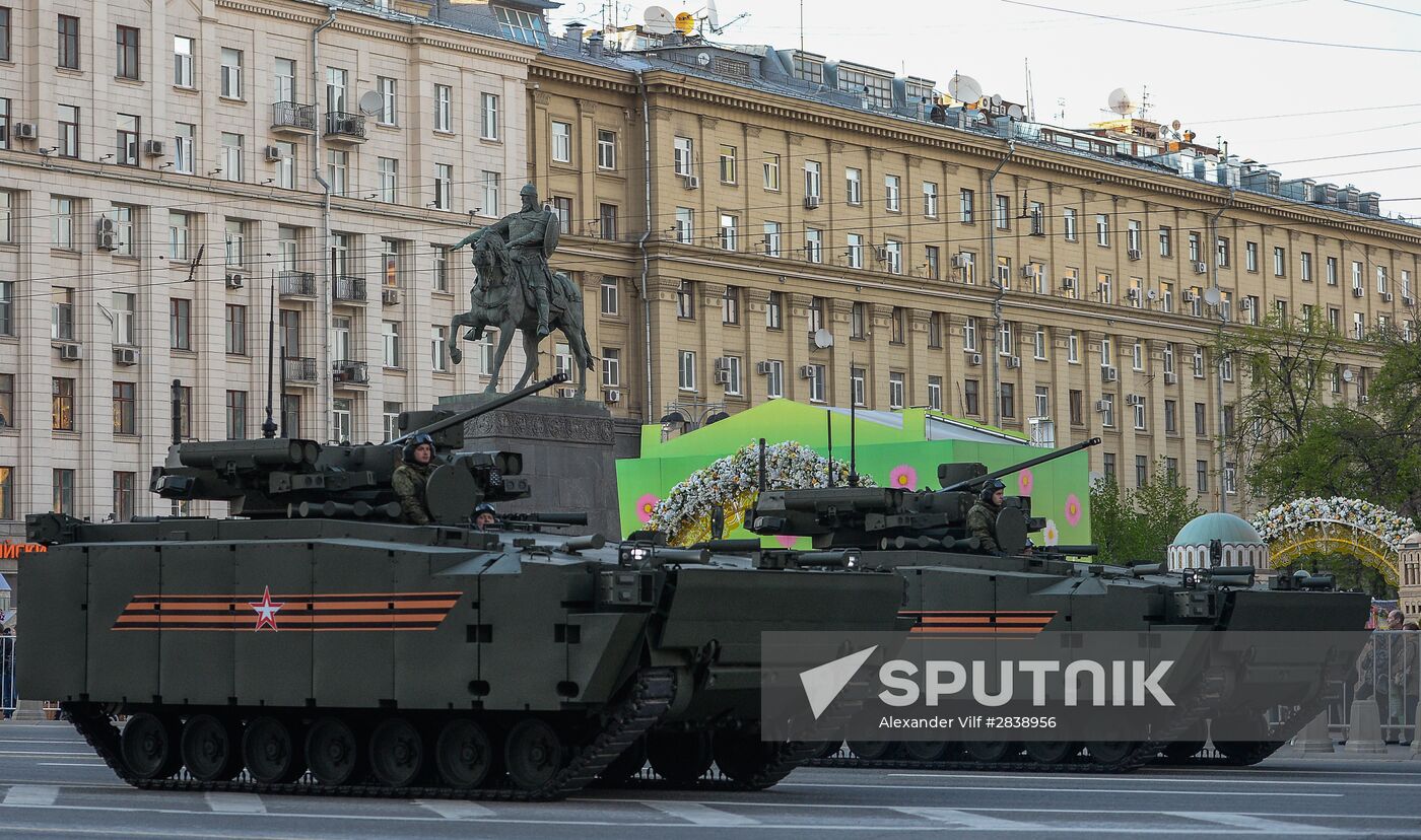 Nighttime military parade practice on Red Square