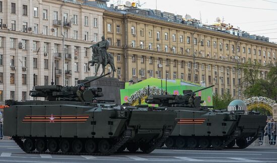 Nighttime military parade practice on Red Square