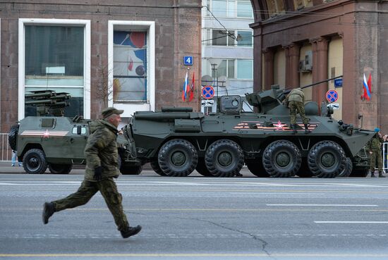Nighttime military parade practice on Red Square