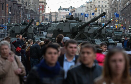 Nighttime military parade practice on Red Square