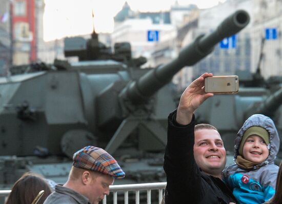 Nighttime military parade practice on Red Square