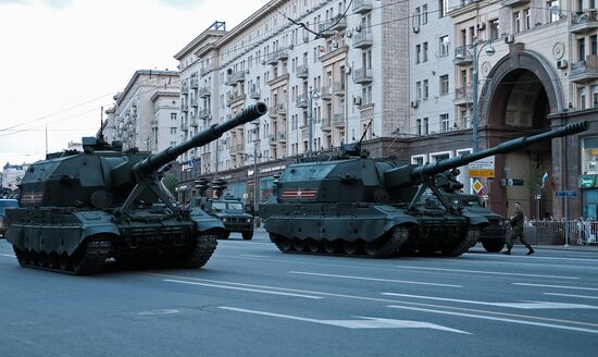 Nighttime military parade practice on Red Square