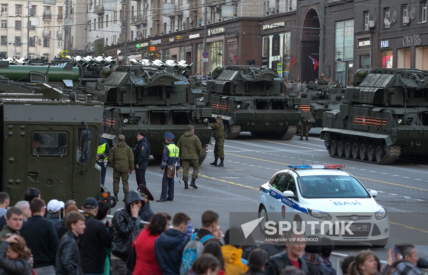 Nighttime military parade practice on Red Square