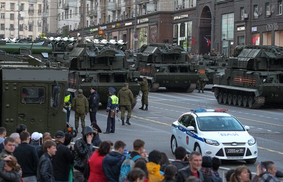 Nighttime military parade practice on Red Square