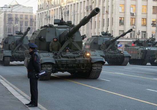 Nighttime military parade practice on Red Square