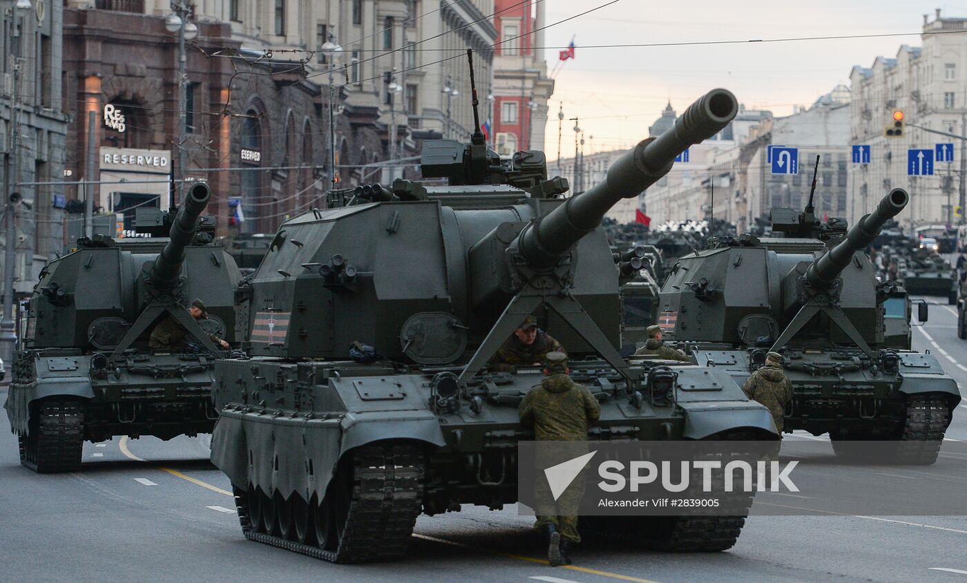 Nighttime military parade practice on Red Square