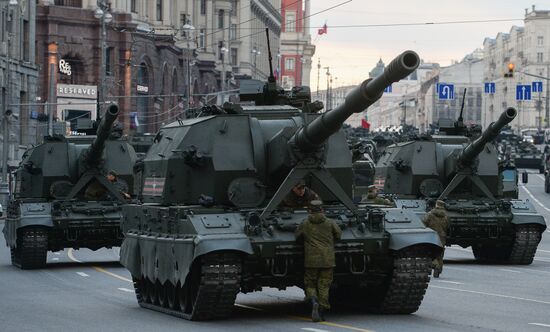 Nighttime military parade practice on Red Square