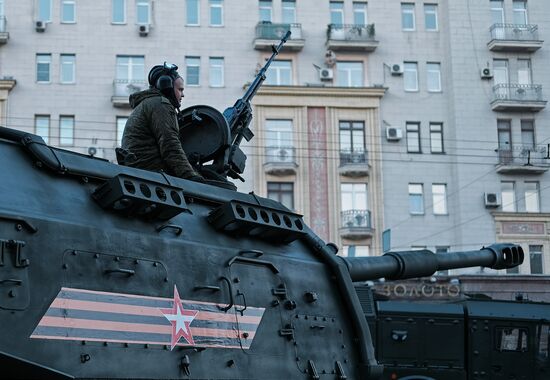Nighttime military parade practice on Red Square