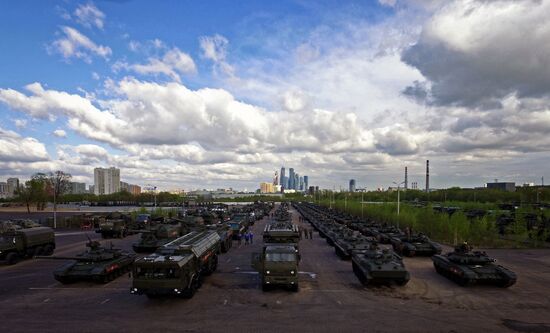 Nighttime military parade practice on Red Square