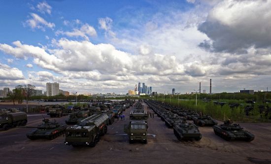 Nighttime military parade practice on Red Square