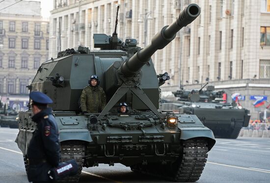 Nighttime military parade practice on Red Square