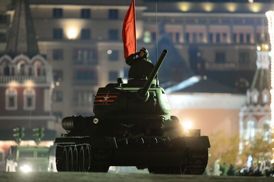 Night-time military parade rehearsal on Moscow's Red Square