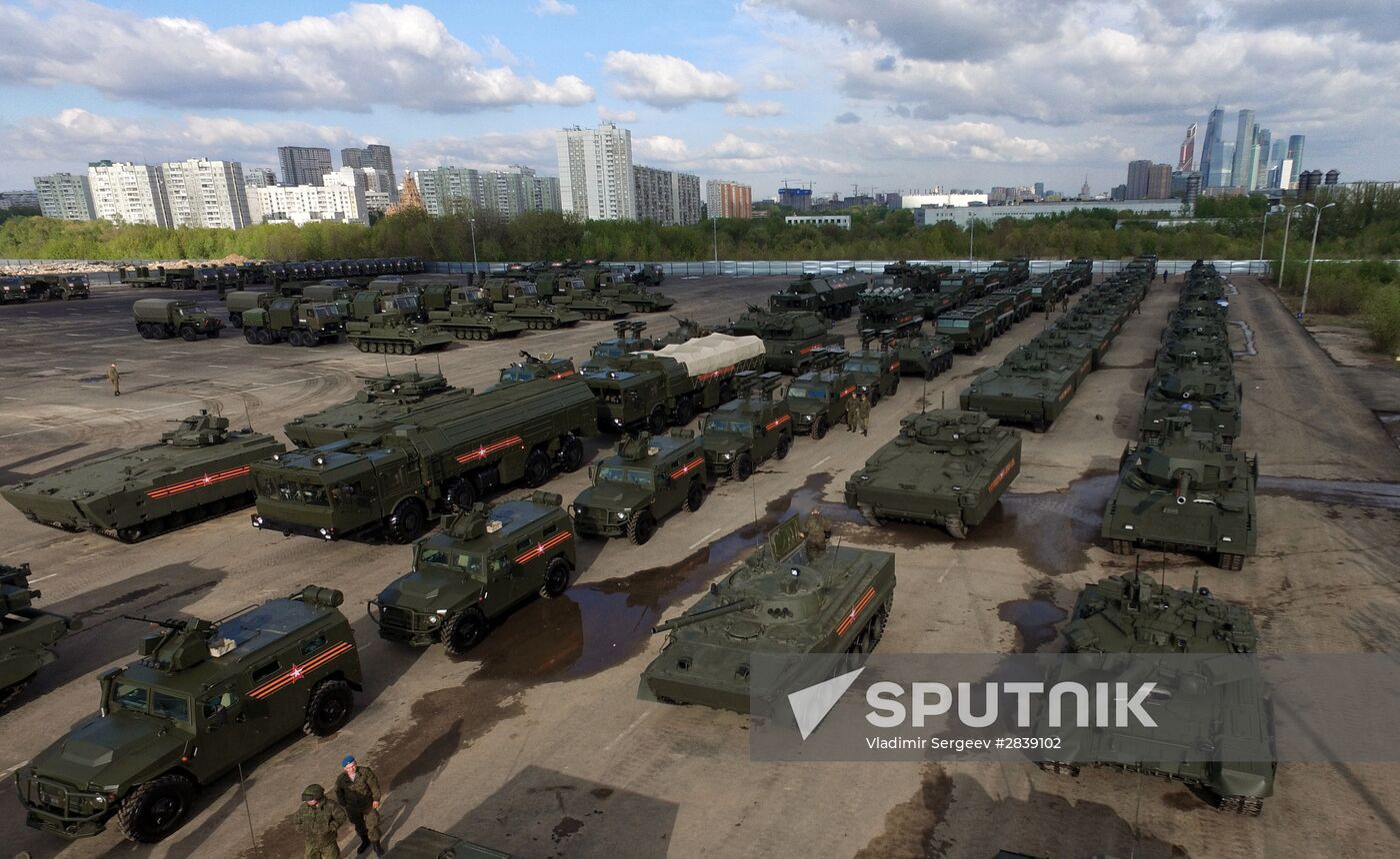 Night-time military parade rehearsal on Moscow's Red Square