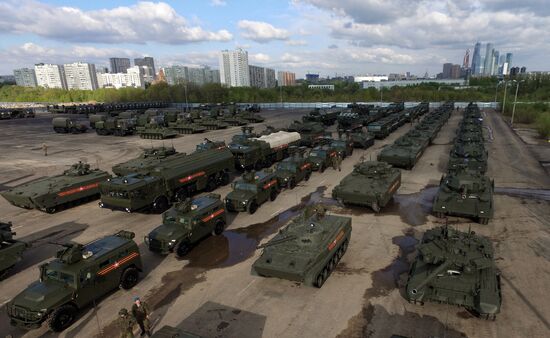 Night-time military parade rehearsal on Moscow's Red Square