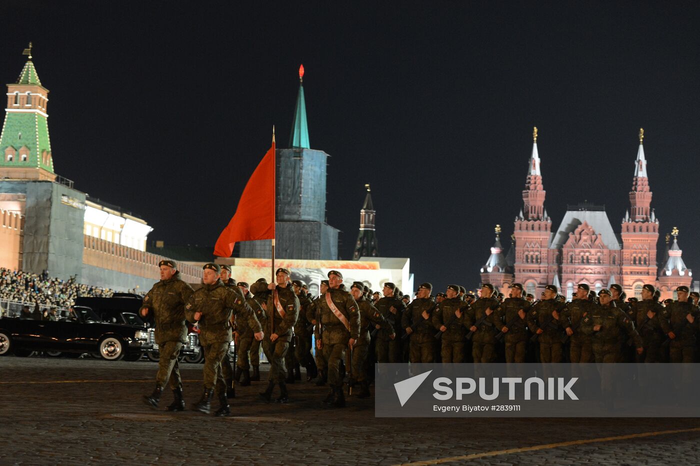 Nighttime military parade practice on Red Square