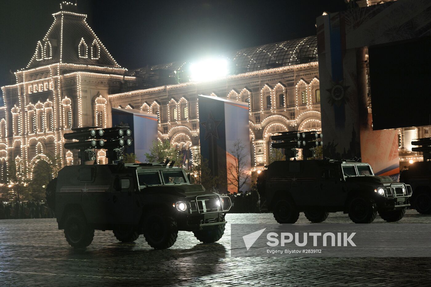 Night rehearsal of military parade on Red Square