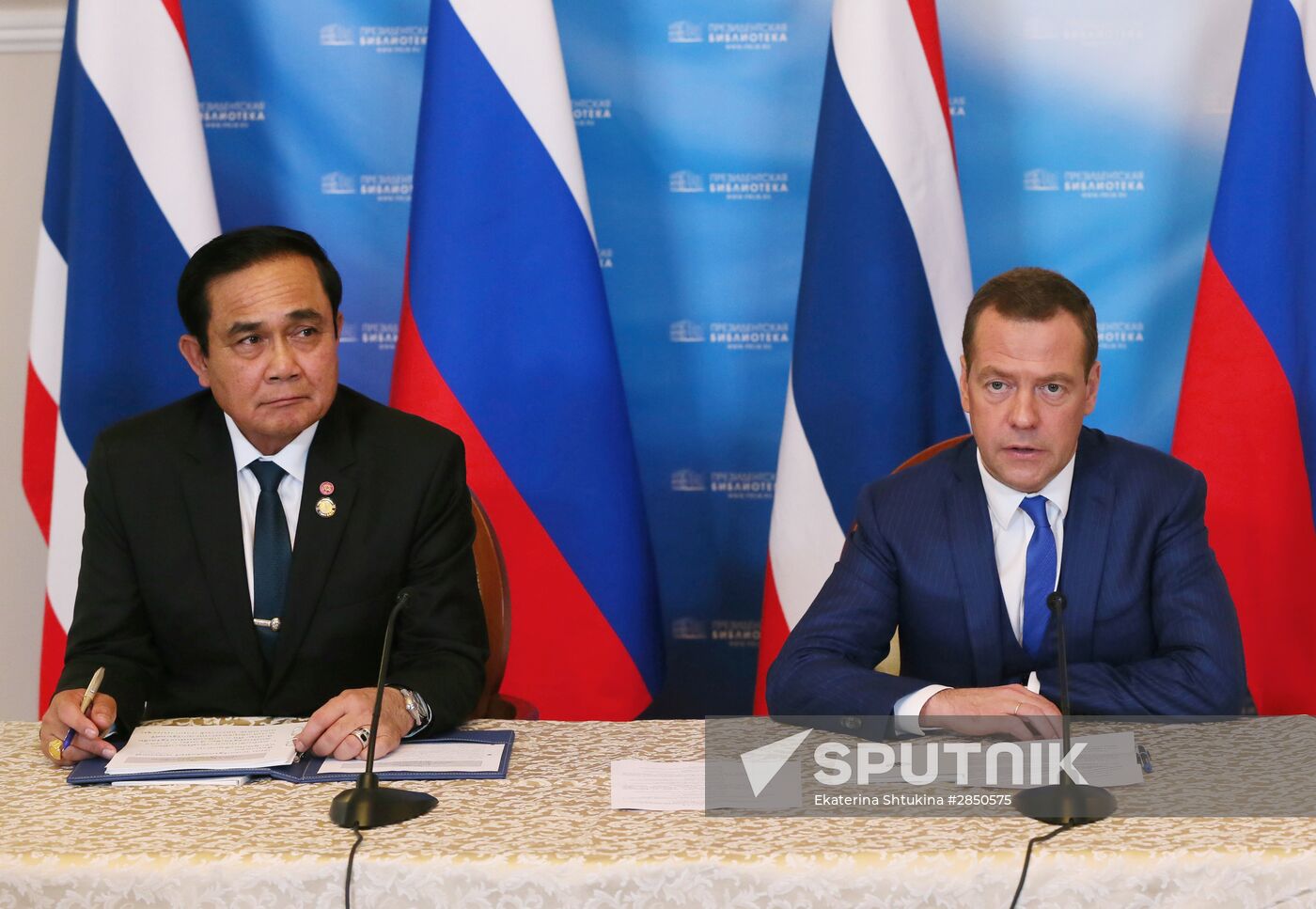 Russian Prime Minister Dmitry Medvedev meets with his Thai counterpart Prayut Chan-o-cha