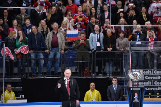 Vladimir Putin attends 2016 IIHF World Championship final match