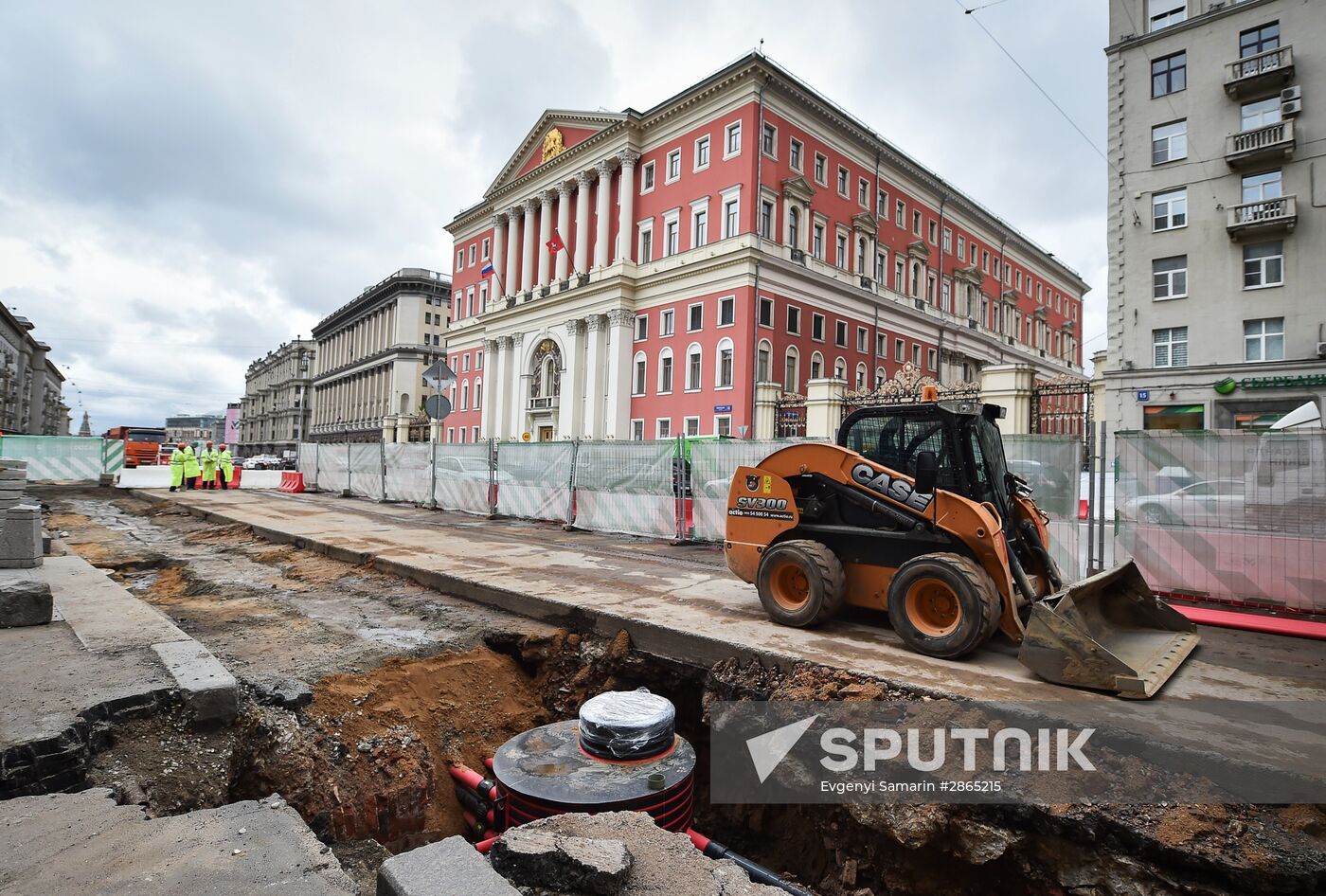 Moscow Mayor Sergei Sobyanin inspects the progress of improvement works on Tverskaya Street