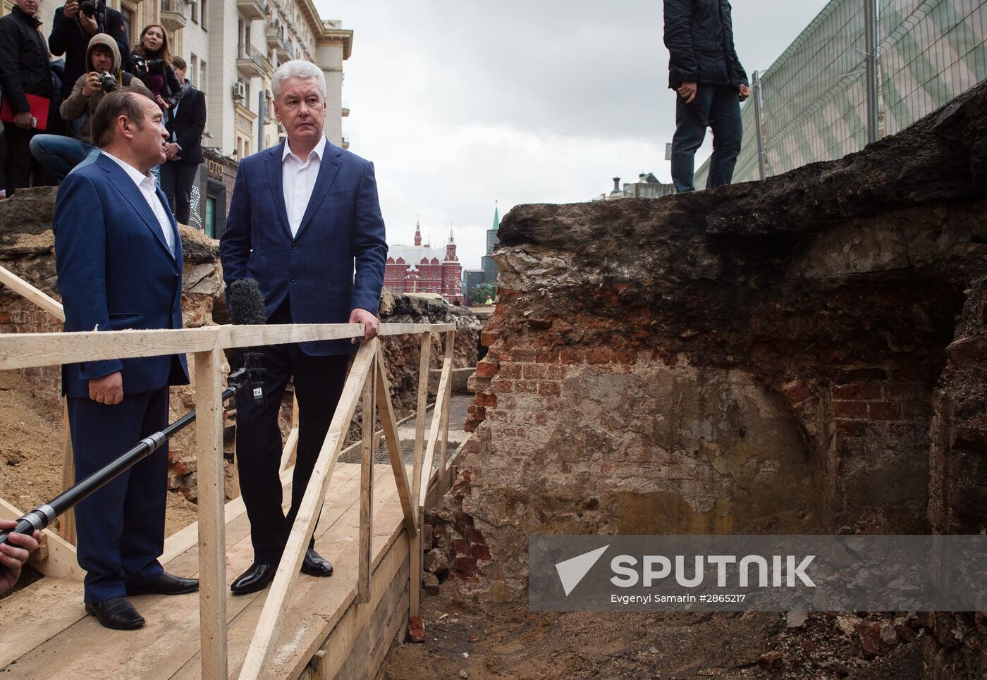 Moscow Mayor Sergei Sobyanin inspects the progress of improvement works on Tverskaya Street