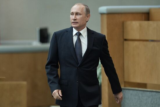 President Vladimir Putin speaks at State Duma plenary meeting