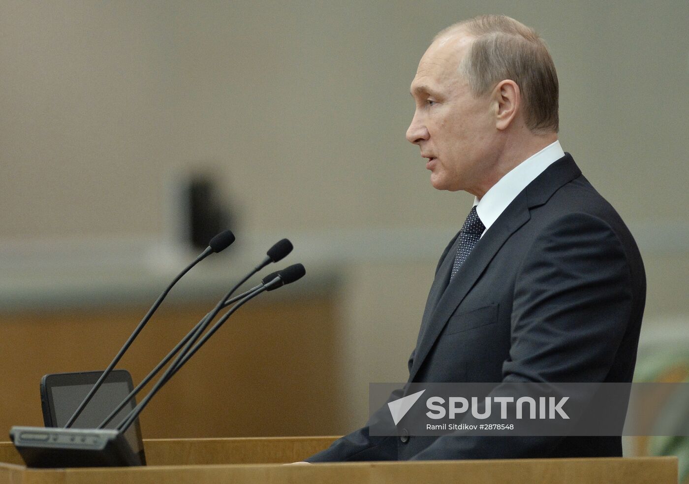 President Vladimir Putin speaks at State Duma plenary meeting