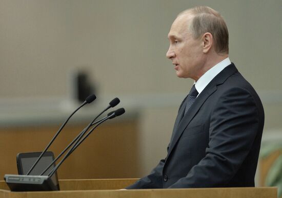 President Vladimir Putin speaks at State Duma plenary meeting