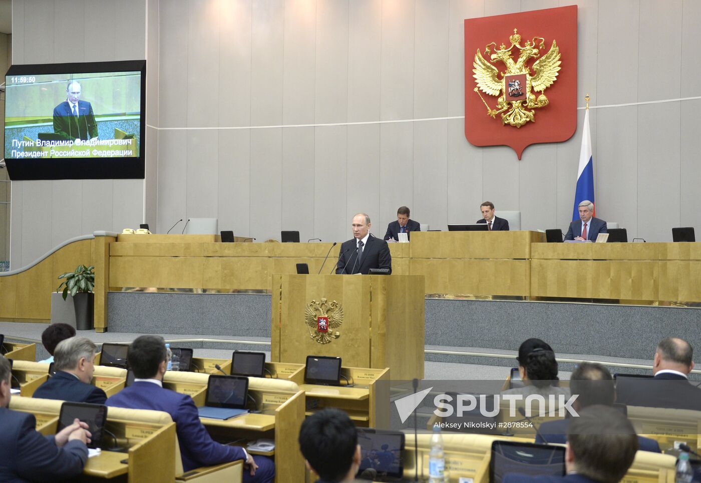 President Vladimir Putin speaks at State Duma plenary meeting
