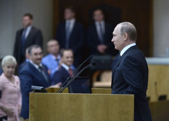 President Vladimir Putin speaks at State Duma plenary meeting